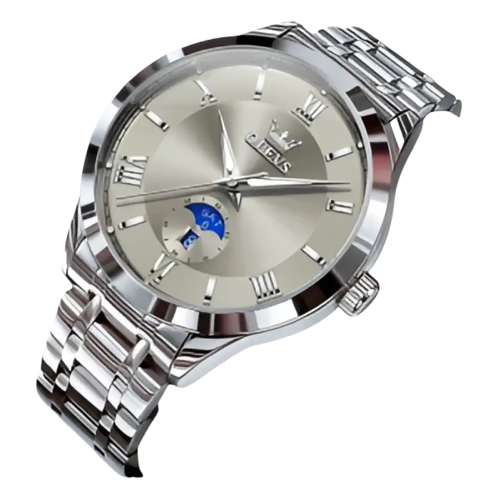 Montre pour homme en acier inoxydable de couleur argentée avec affichage des phases de lune et index en chiffres romains.