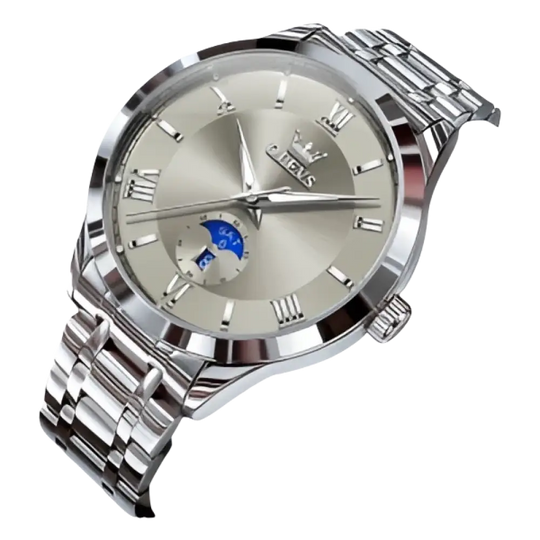 Montre pour homme en acier inoxydable de couleur argentée avec affichage des phases de lune et index en chiffres romains.