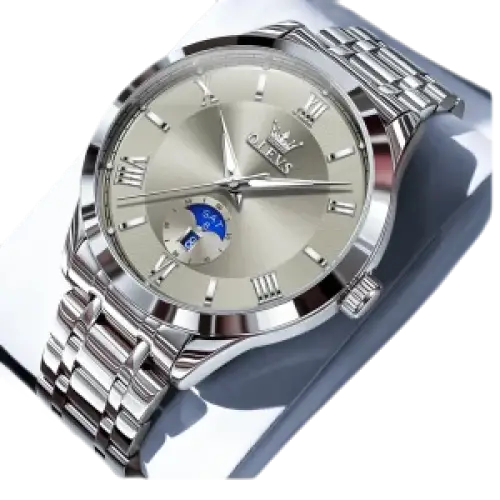 Montre pour homme en acier inoxydable de couleur argentée avec affichage des phases de lune et index en chiffres romains.