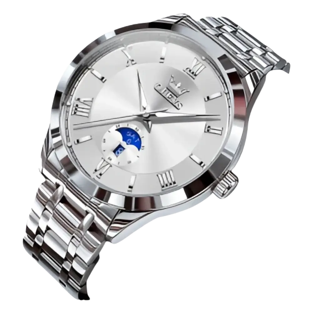 Montre pour homme en acier inoxydable de couleur argentée avec cadran blanc et affichage des phases de lune.