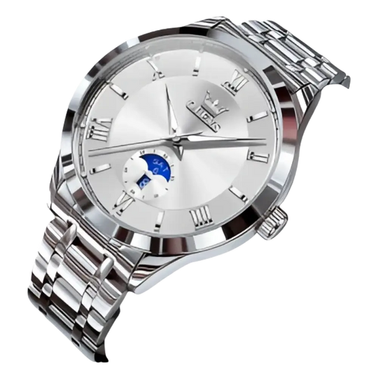 Montre pour homme en acier inoxydable de couleur argentée avec cadran blanc et affichage des phases de lune.