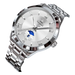 Montre pour homme en acier inoxydable de couleur argentée avec cadran blanc et affichage des phases de lune.