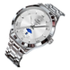 Montre pour homme en acier inoxydable de couleur argentée avec cadran blanc et affichage des phases de lune.