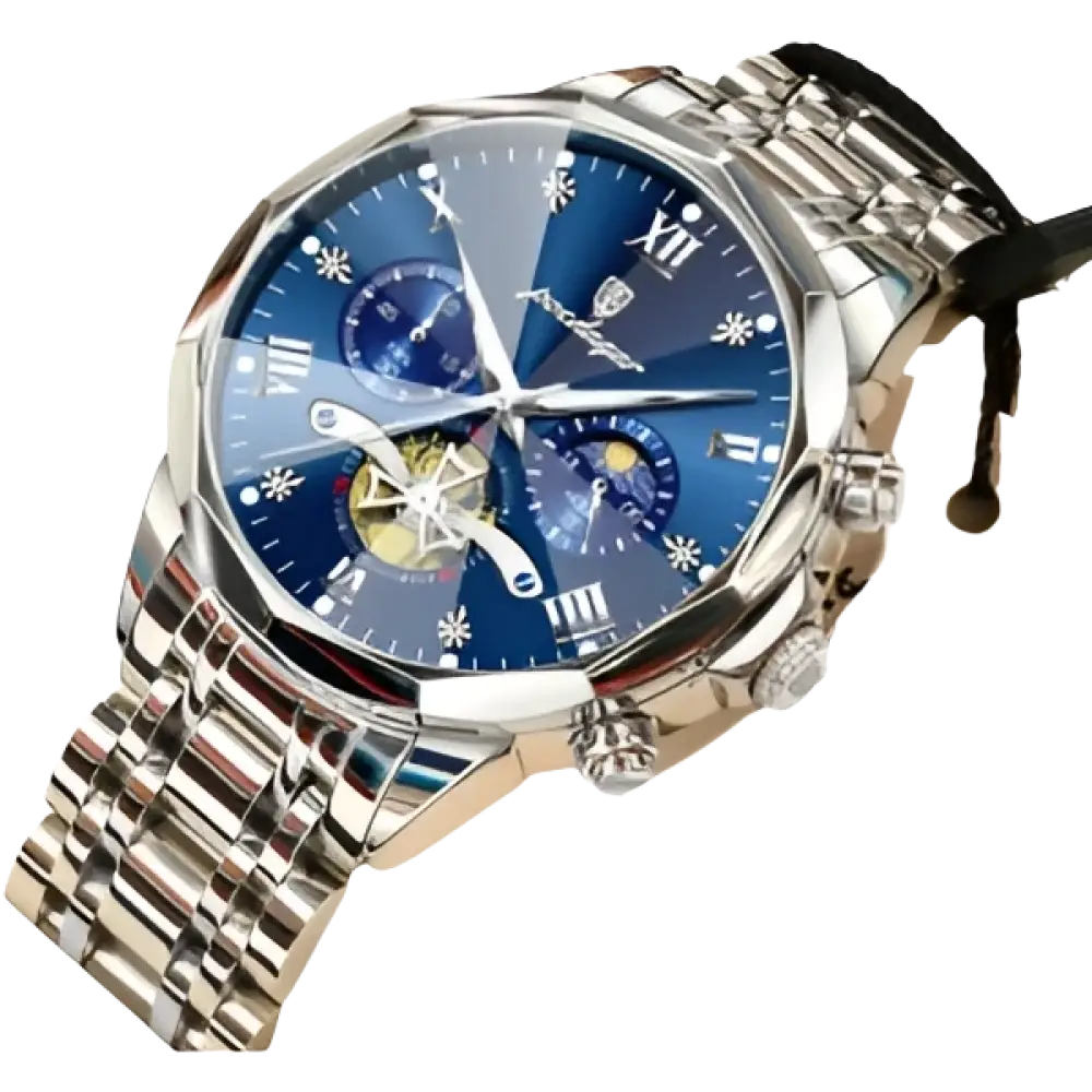 Montre pour homme en acier inoxydable de couleur argentée avec un cadran bleu, plusieurs cadrans secondaires et un bracelet en métal.