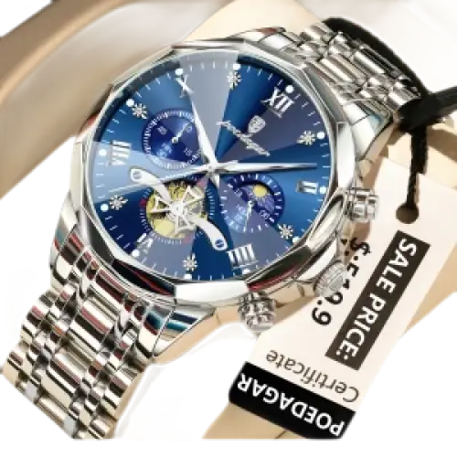 Montre pour homme en acier inoxydable de couleur argentée avec un cadran bleu, plusieurs cadrans secondaires et un bracelet en métal.
