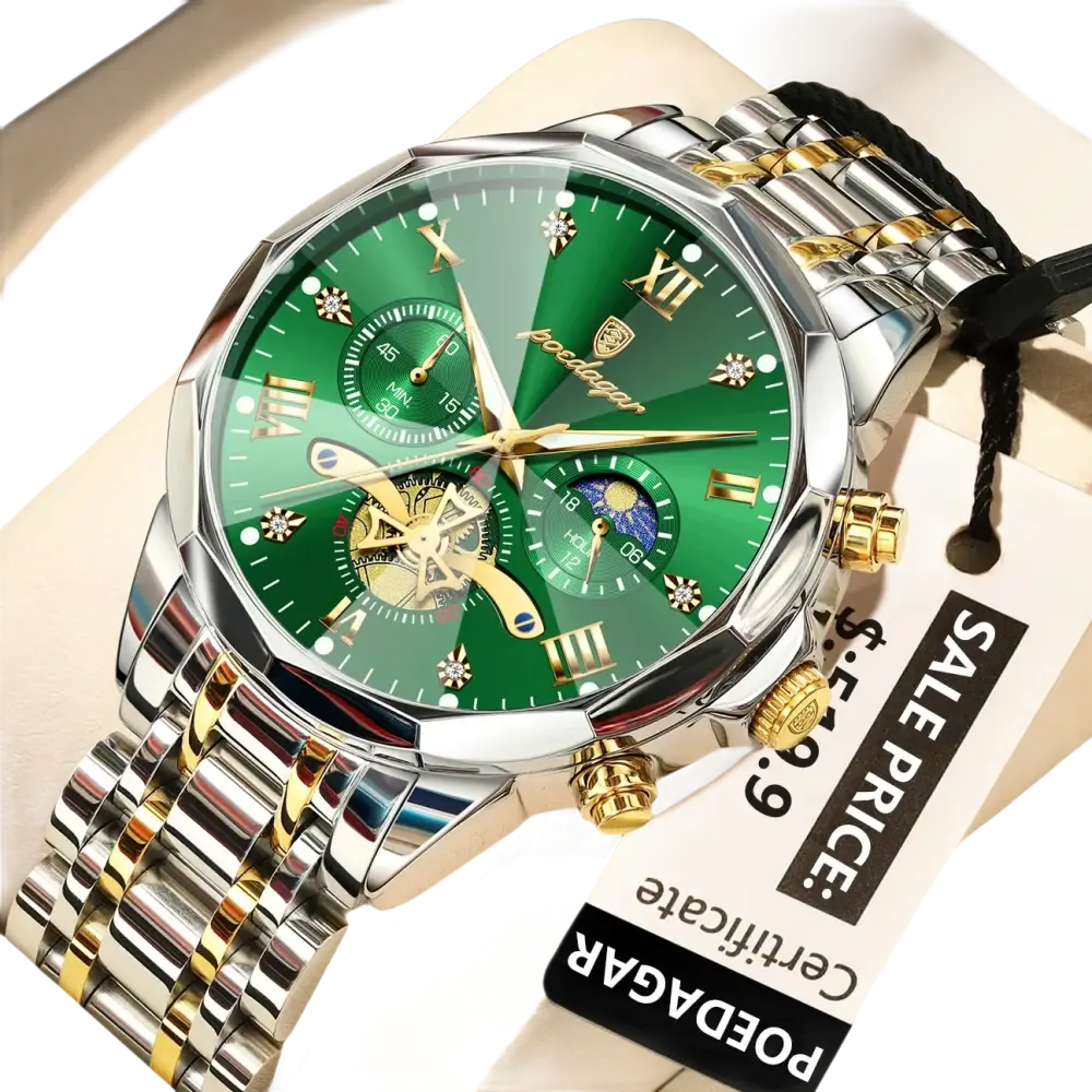 Montre chronographe pour homme avec cadran vert et bracelet en métal argenté et doré.