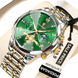 Montre chronographe pour homme avec cadran vert et bracelet en métal argenté et doré.