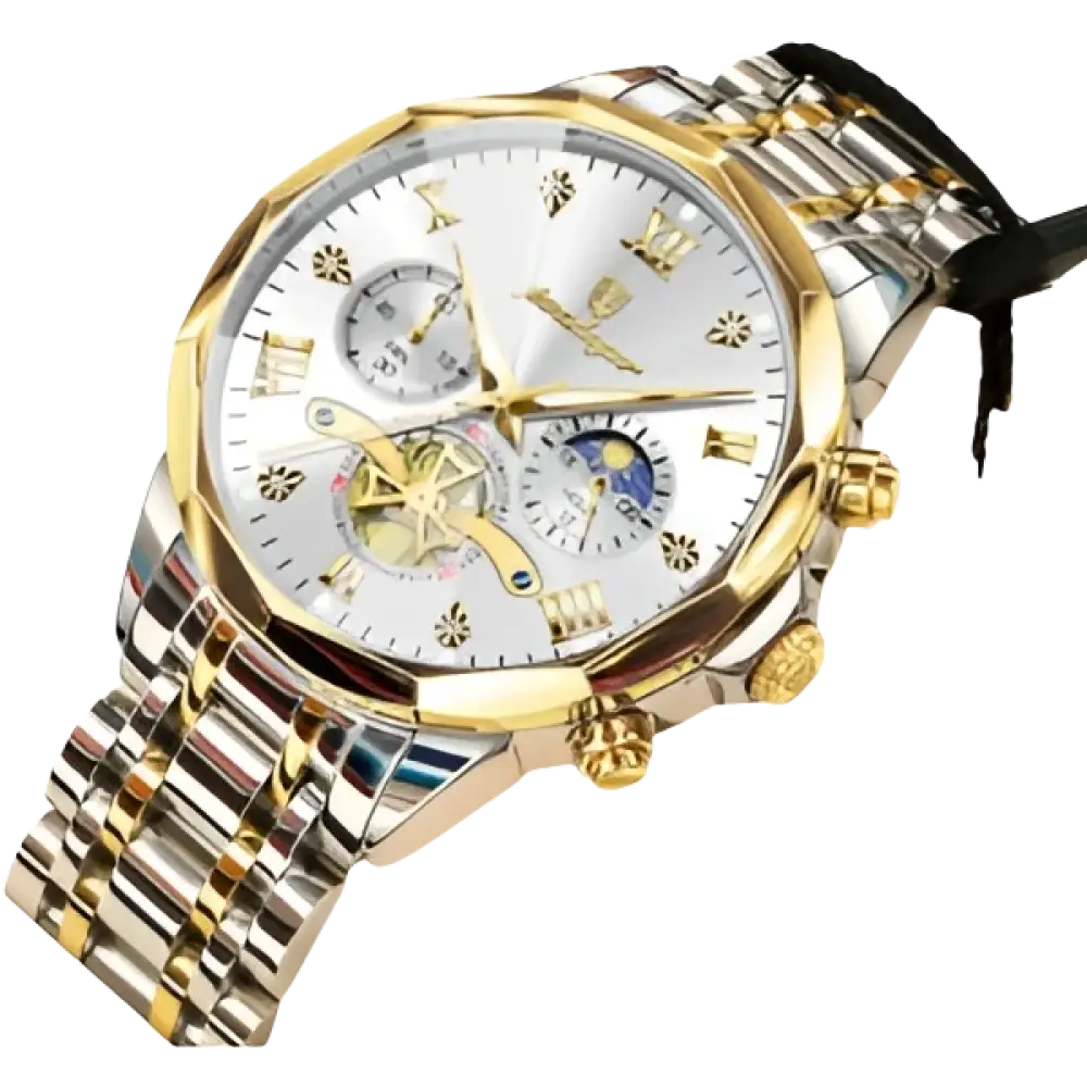 Montre-bracelet pour homme en acier inoxydable bicolore avec cadran blanc et accents dorés.