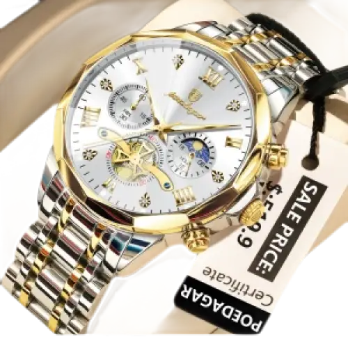 Montre-bracelet pour homme en acier inoxydable bicolore avec cadran blanc et accents dorés.
