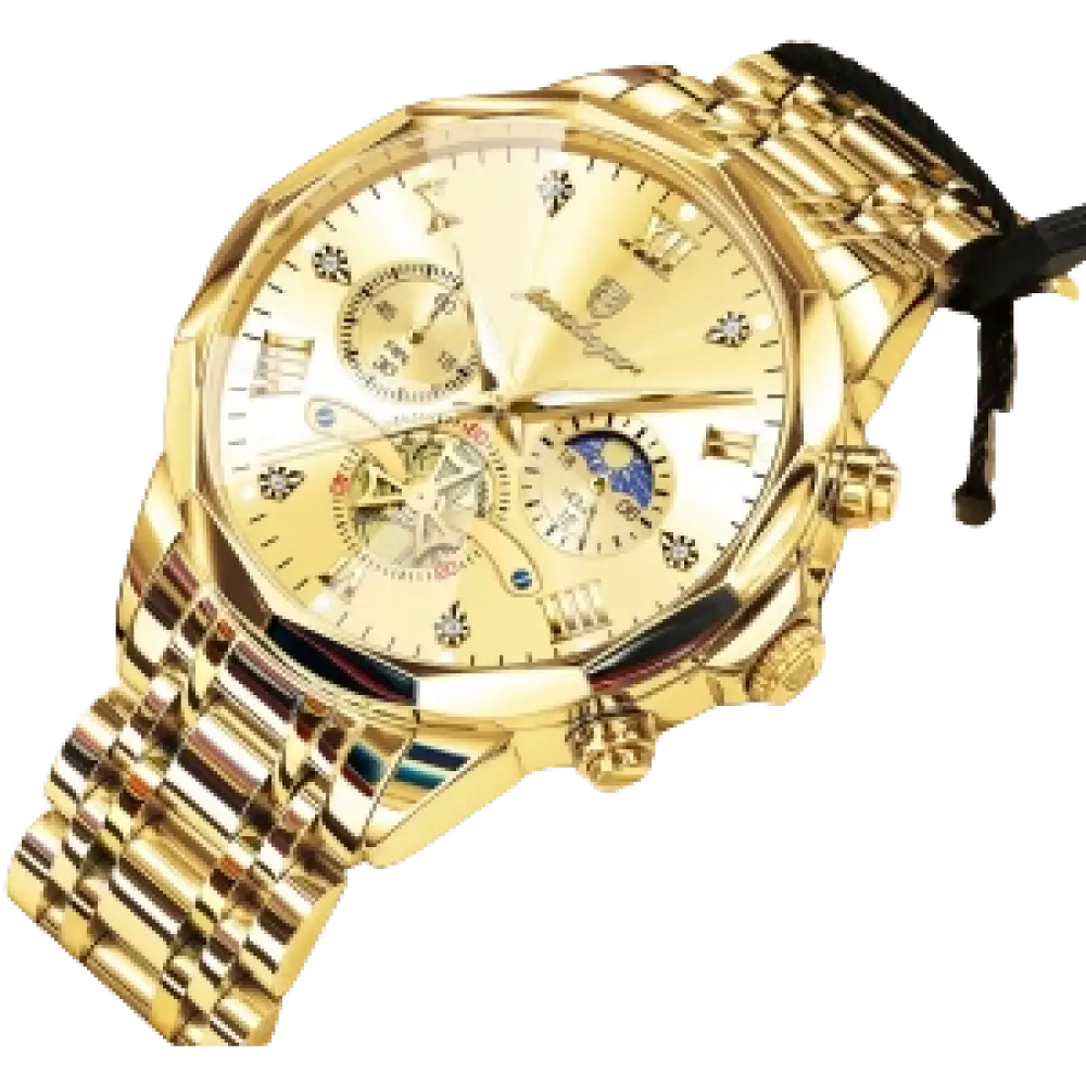 Luxueuse montre chronographe pour homme en or avec affichage des phases de lune.