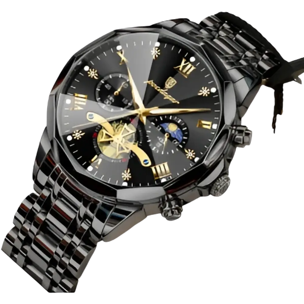 Montre pour homme en acier inoxydable noir et or avec cadran multiple et indicateur de phase de lune.
