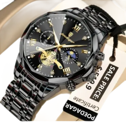 Montre pour homme en acier inoxydable noir et or avec cadran multiple et indicateur de phase de lune.