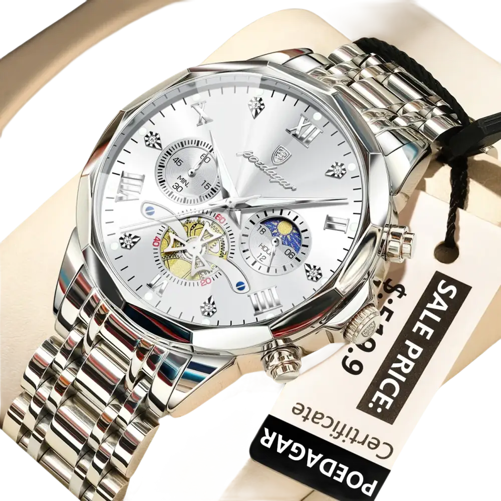 Montre-bracelet pour homme, de couleur argentée, avec un bracelet en métal, plusieurs cadrans et un échappement visible.