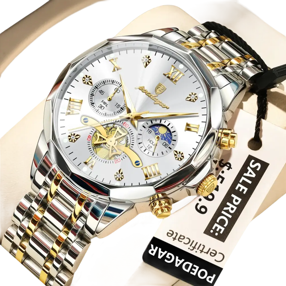 Montre bicolore argentée et dorée avec cadran blanc, trois sous-cadrans et index en chiffres romains.