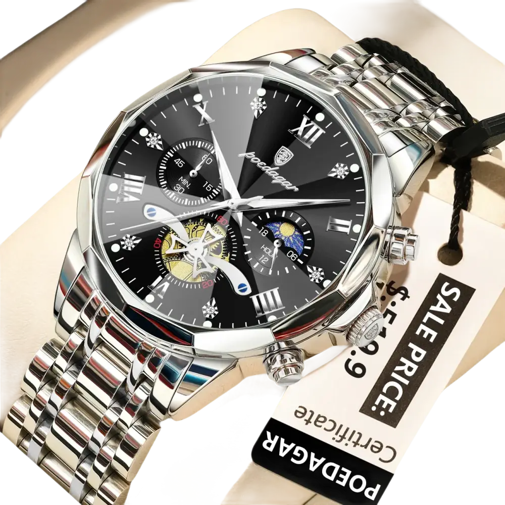 Montre pour homme en acier inoxydable de couleur argentée avec un cadran noir, des index en chiffres romains, des cadrans secondaires et un design en forme de cœur ouvert.