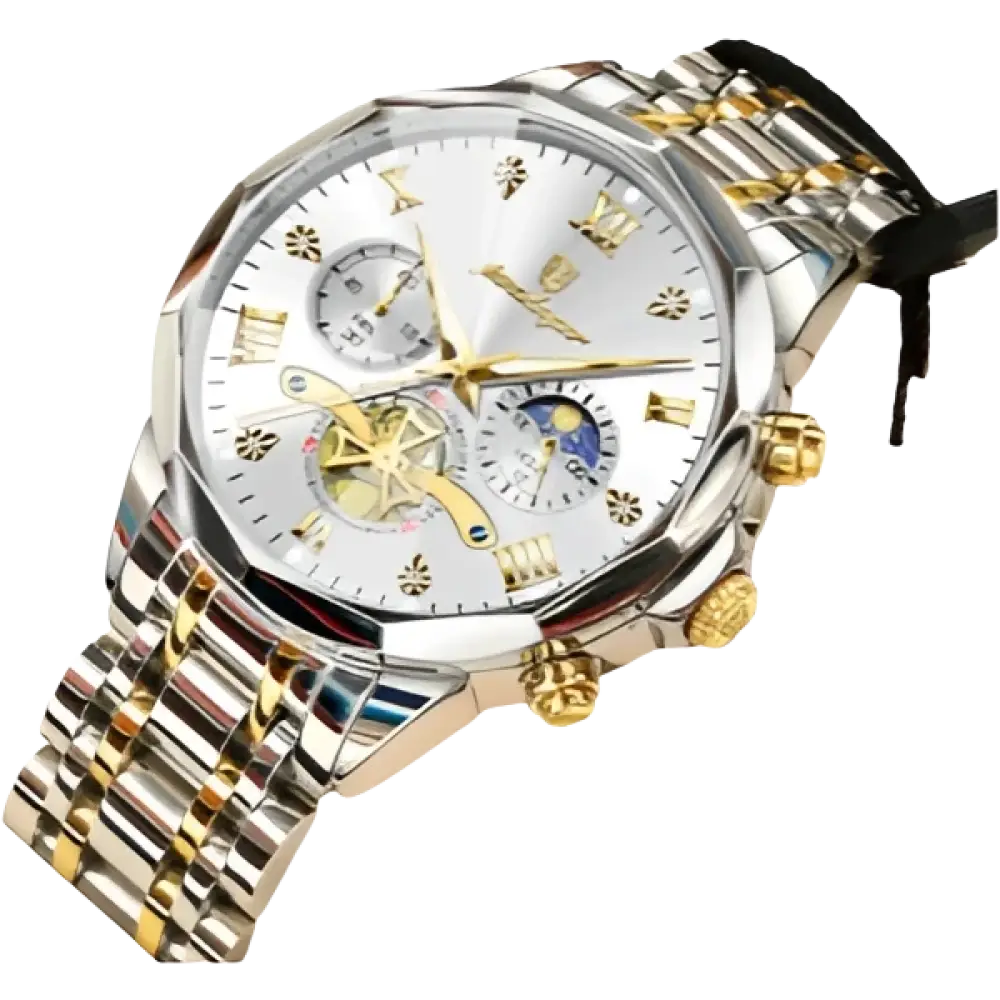 Montre pour homme en argent et or avec un cadran blanc et plusieurs cadrans auxiliaires.