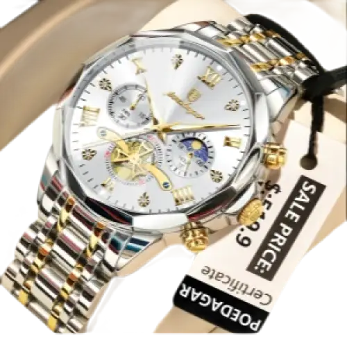 Montre pour homme en argent et or avec un cadran blanc et plusieurs cadrans auxiliaires.