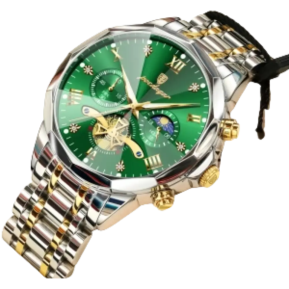 Montre pour homme en acier inoxydable avec un cadran vert, des accents dorés et un bracelet en métal bicolore.