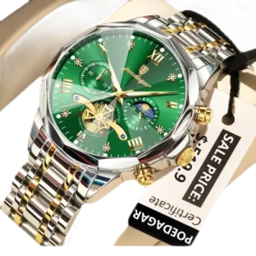 Montre pour homme en acier inoxydable avec un cadran vert, des accents dorés et un bracelet en métal bicolore.