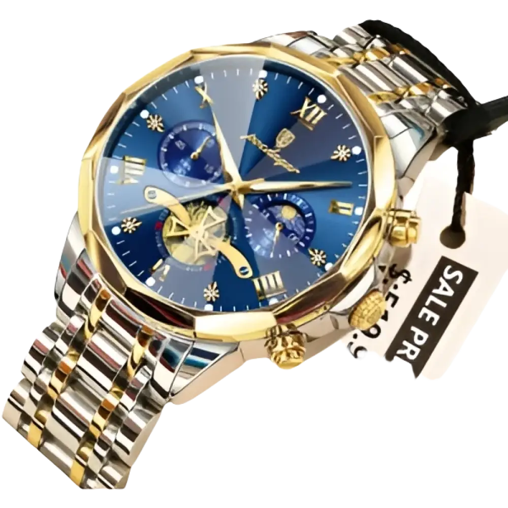 Montre pour homme en acier inoxydable bicolore avec un cadran bleu, des accents dorés et plusieurs cadrans auxiliaires.