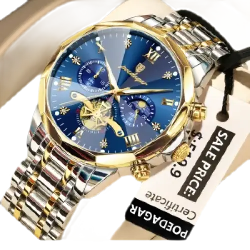 Montre pour homme en acier inoxydable bicolore avec un cadran bleu, des accents dorés et plusieurs cadrans auxiliaires.