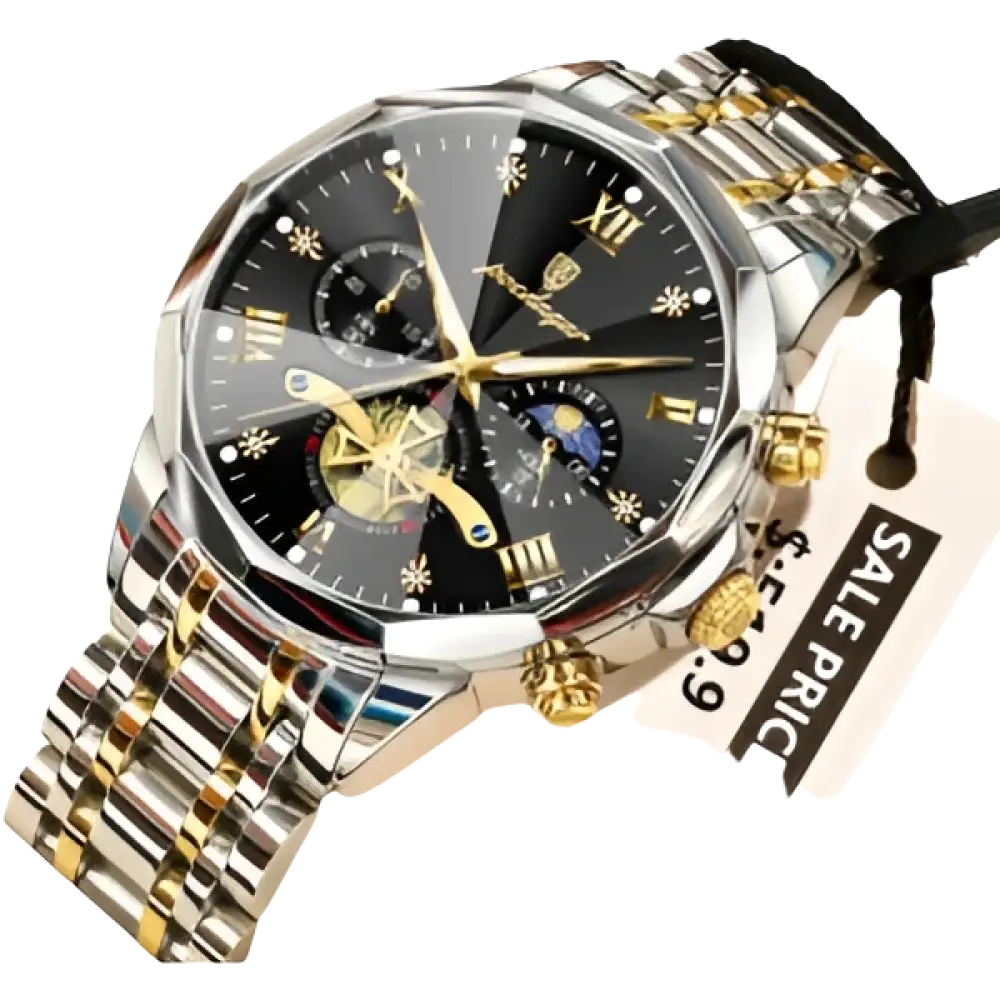 Montre pour homme en noir et or avec un bracelet en métal bicolore.
