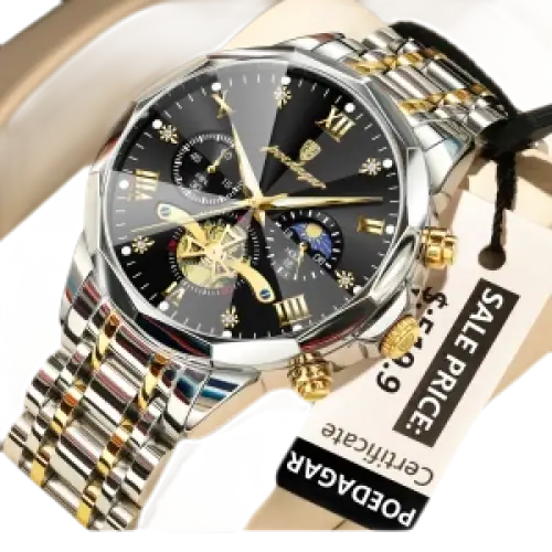 Montre pour homme en noir et or avec un bracelet en métal bicolore.
