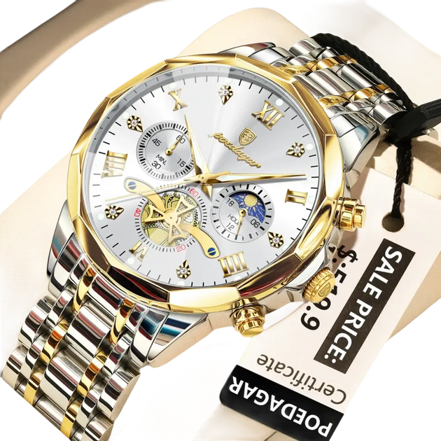 Montre chronographe en argent et or avec complication phase de lune et index en chiffres romains.