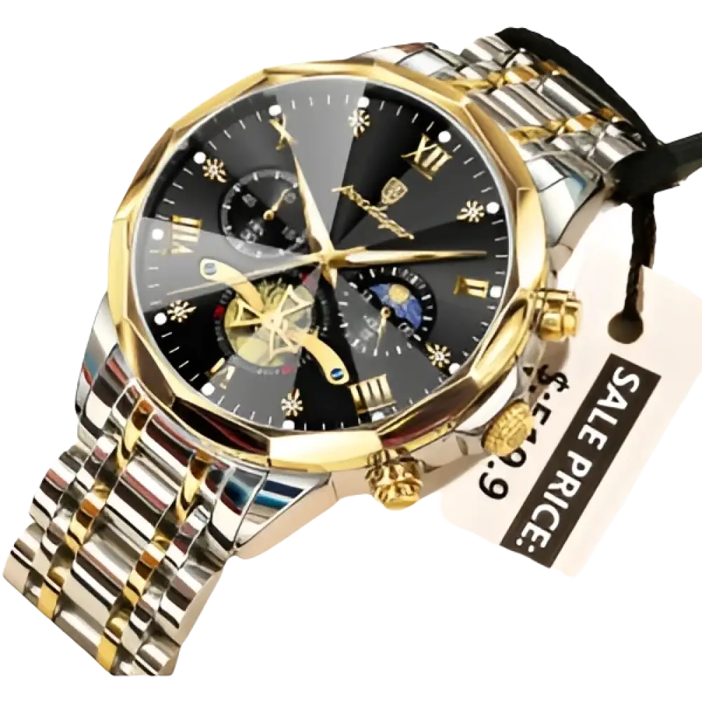 Montre pour homme en acier inoxydable bicolore or et argent, avec cadran noir, chiffres romains et plusieurs cadrans secondaires.
