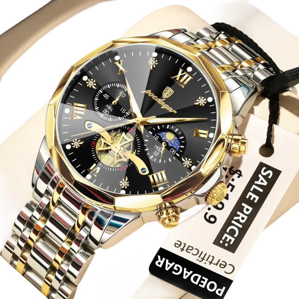 Montre pour homme en or et argent bicolore avec un cadran noir et de multiples cadrans secondaires.