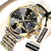 Montre pour homme en or et argent bicolore avec un cadran noir et de multiples cadrans secondaires.