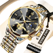 Montre pour homme en or et argent bicolore avec un cadran noir et de multiples cadrans secondaires.