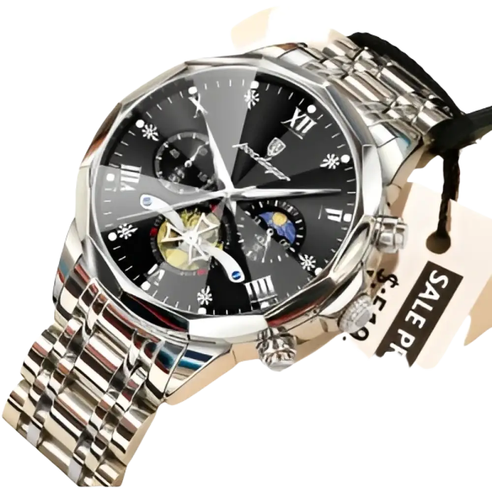 Montre pour homme en acier inoxydable de couleur argentée, avec un cadran noir et plusieurs sous-cadrans.