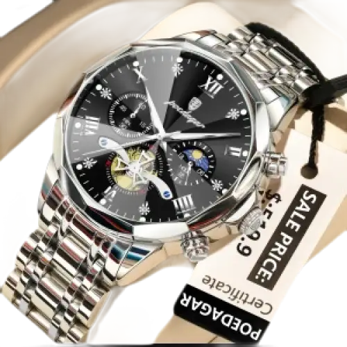 Montre pour homme en acier inoxydable de couleur argentée, avec un cadran noir et plusieurs sous-cadrans.