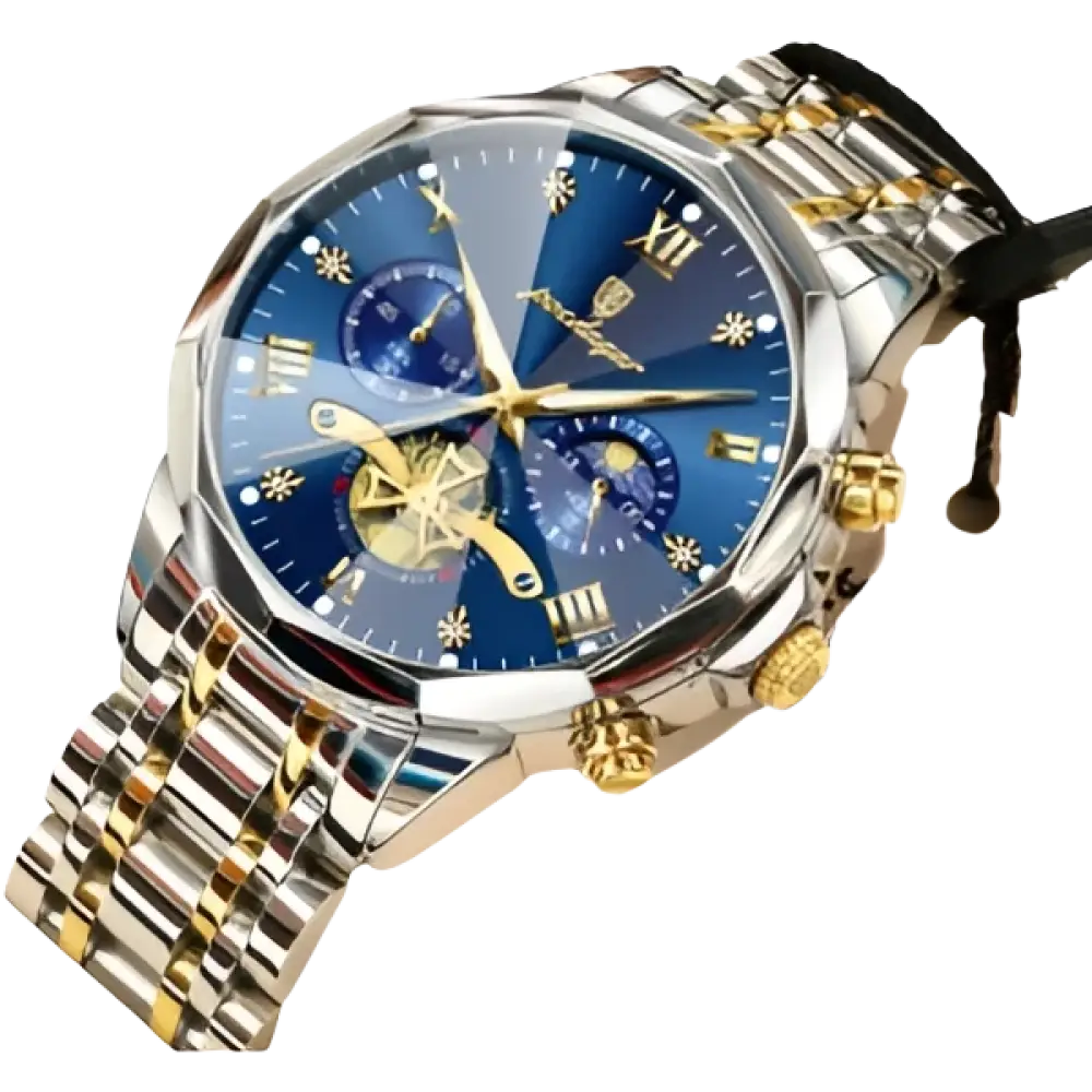 Montre pour homme en acier inoxydable bicolore avec un cadran bleu, plusieurs cadrans secondaires et des accents dorés.