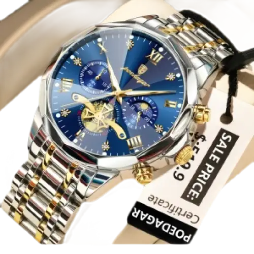 Montre pour homme en acier inoxydable bicolore avec un cadran bleu, plusieurs cadrans secondaires et des accents dorés.