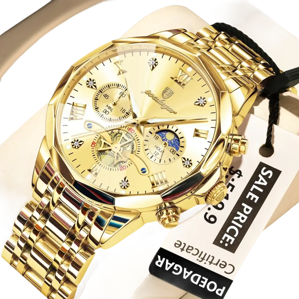 Montre chronographe pour homme, de couleur dorée, avec bracelet en métal.