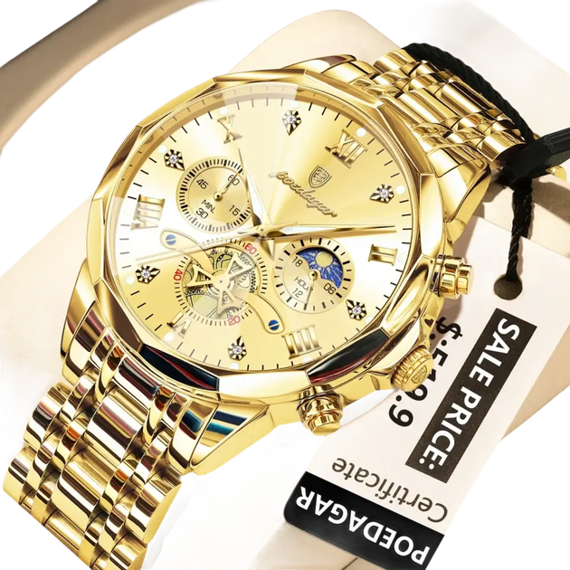 Montre chronographe pour homme, de couleur dorée, avec bracelet en métal.