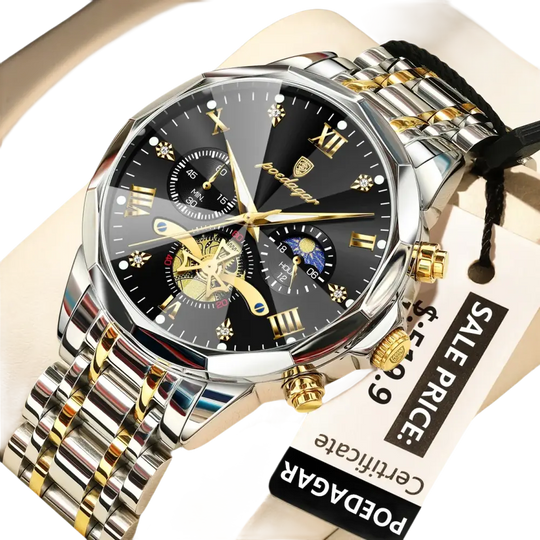 Montre chronographe noir et or avec complication phase de lune et bracelet en métal bicolore.