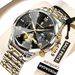 Montre chronographe noir et or avec complication phase de lune et bracelet en métal bicolore.