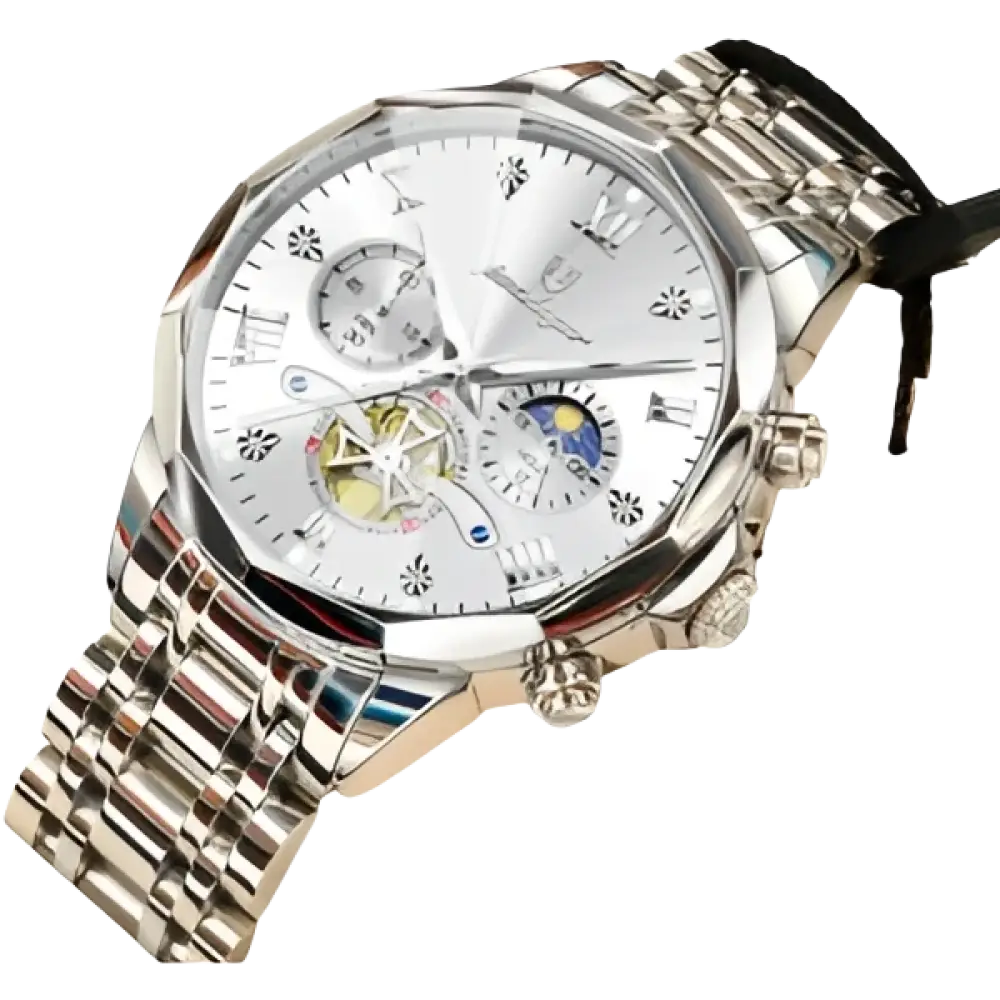 Montre pour homme en acier inoxydable de couleur argentée avec cadran blanc et cadrans multiples.