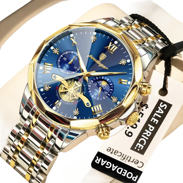 Montre chronographe en acier inoxydable doré et argenté avec cadran bleu.