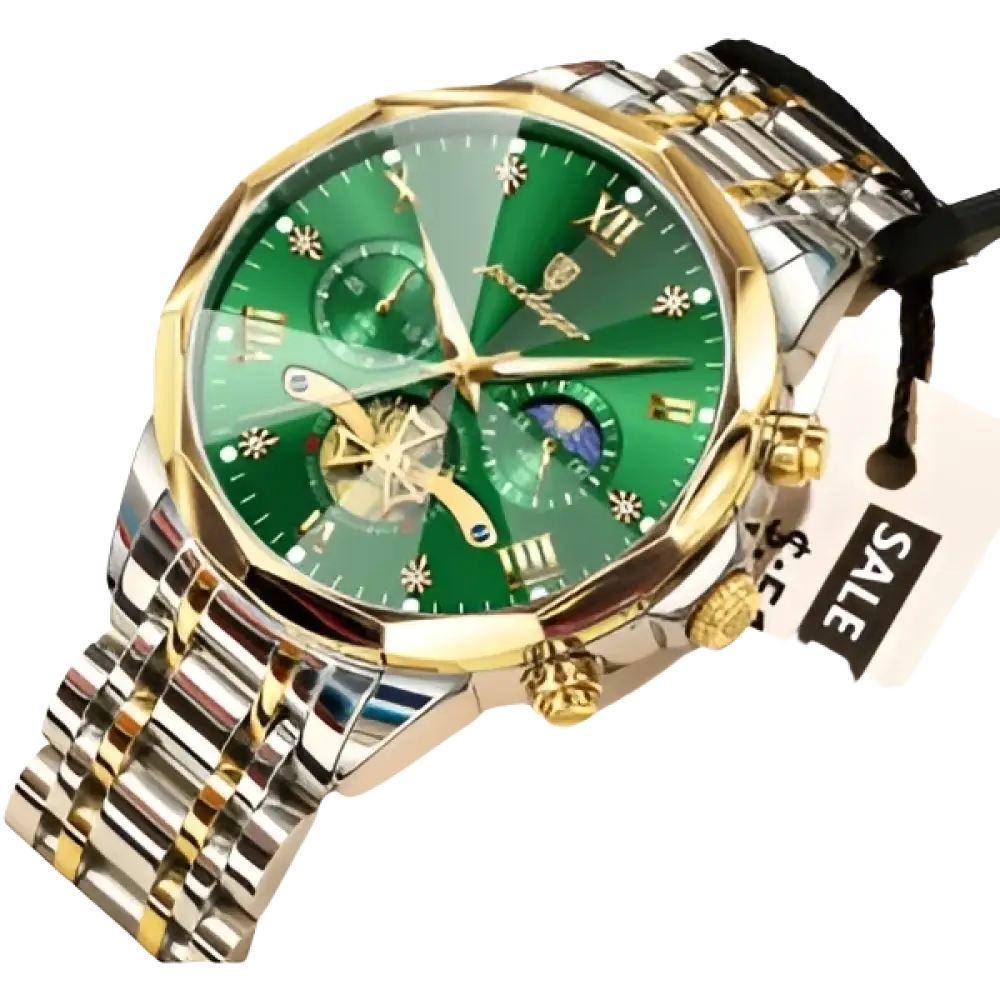 Montre pour homme en argent et or avec un cadran vert, plusieurs cadrans auxiliaires et un affichage des phases de lune.