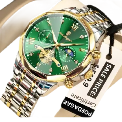 Montre pour homme en argent et or avec un cadran vert, plusieurs cadrans auxiliaires et un affichage des phases de lune.