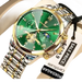 Montre pour homme en argent et or avec un cadran vert, plusieurs cadrans auxiliaires et un affichage des phases de lune.