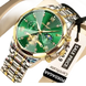 Montre pour homme en argent et or avec un cadran vert, plusieurs cadrans auxiliaires et un affichage des phases de lune.