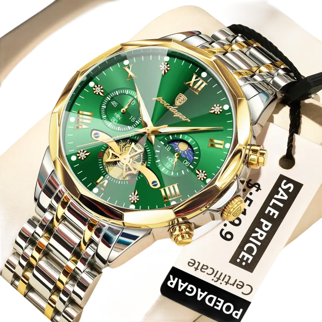 Montre verte et or pour homme, avec bracelet en métal bicolore.