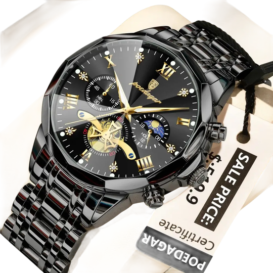 Montre chronographe noire pour homme avec accents dorés et bracelet en métal.