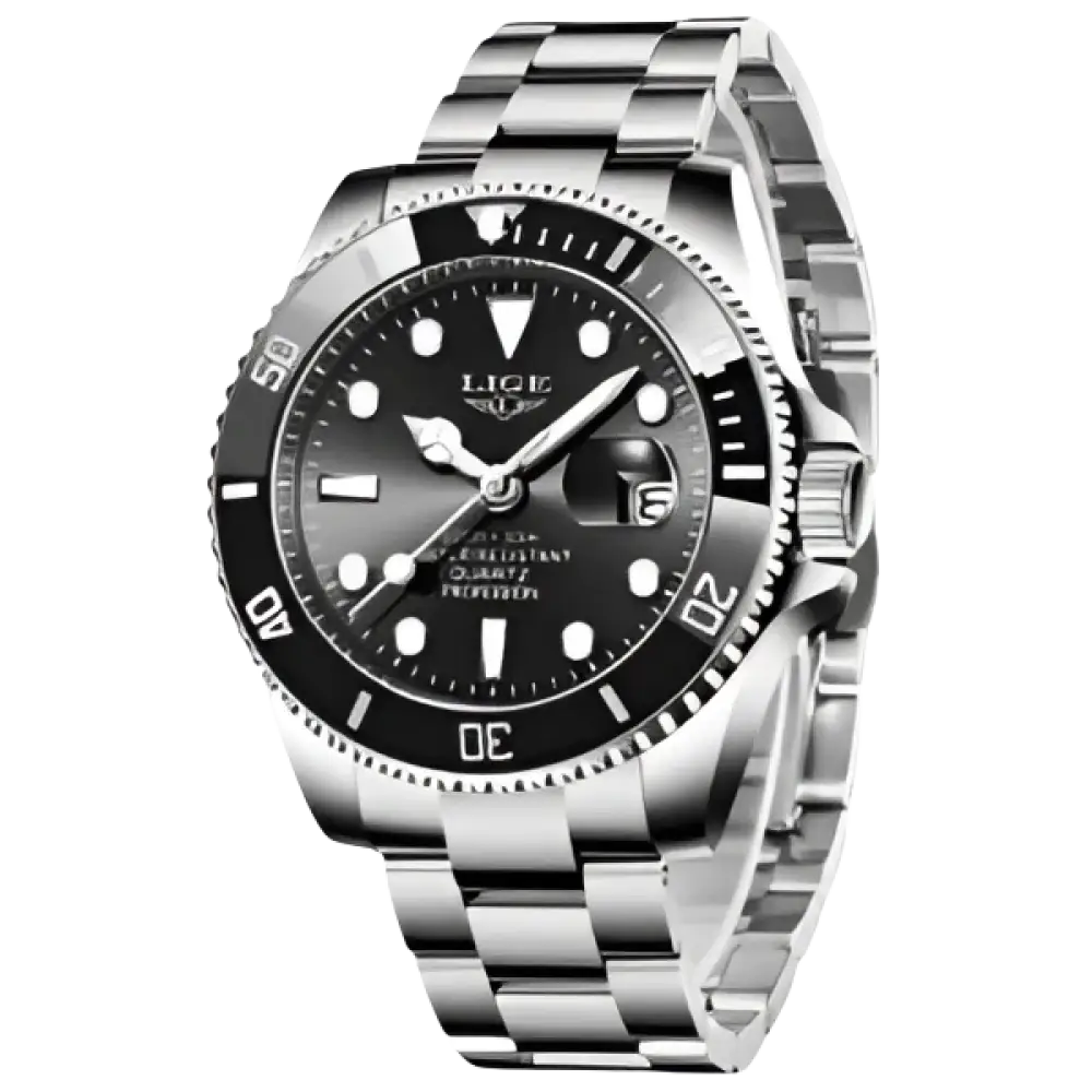 LIGE Montre de plongée étanche pour homme montre bracelet à quartz Argent Noir Montre à Quartz