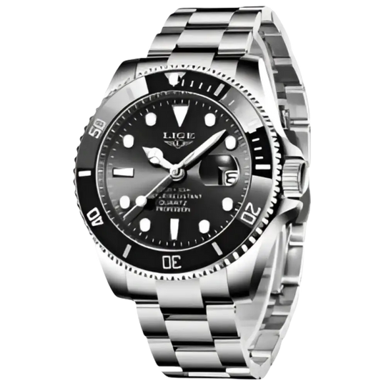 LIGE Montre de plongée étanche pour homme montre bracelet à quartz Argent Noir Montre à Quartz